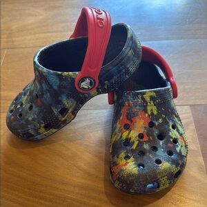Crocs black with multicolored accents Clogs with Red Strap size c 8 kids